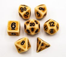 Bone Set of 7 Ancient Polyhedral Dice with Black Numbers for D20 based RPG's