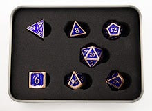 Dark Blue Shadow Set of 7 Metal Polyhedral Dice with Copper Numbers for D20 based RPG's
