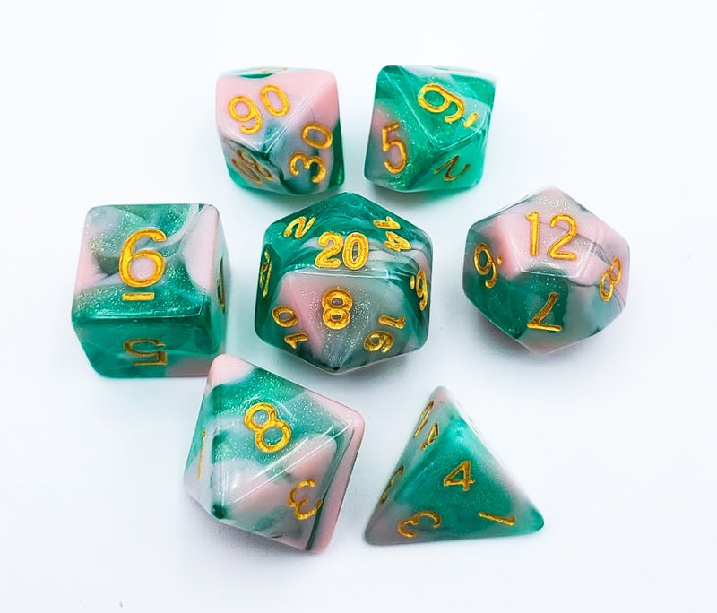 Green/Pink Set of 7 Glitter Fusion Polyhedral Dice with Gold Numbers for D20 based RPG's