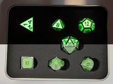 GLOW GREEN Shadow Set of 7 Metal Polyhedral Dice with Silver Numbers for D20 based RPG's