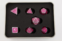 GLOW PINK Shadow Set of 7 Metal Polyhedral Dice with Silver Numbers for D20 based RPG's