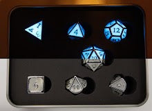 Glow Blue Set of 7 Metal Polyhedral Dice with Silver Numbers for D20 based RPG's