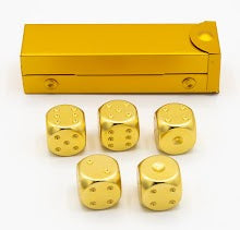 Gold set of 5 metal D6 pipped and in a metal container