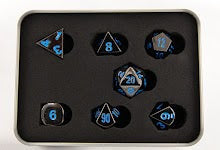 Gunmetal Set of 7 Metal Polyhedral Dice with Blue Numbers for D20 based RPG's