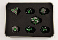 Gunmetal Set of 7 Metal Polyhedral Dice with Green Numbers for D20 based RPG's