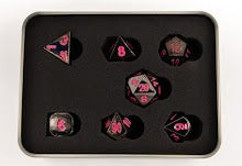 Gunmetal Set of 7 Metal Polyhedral Dice with Pink Numbers for D20 based RPG's