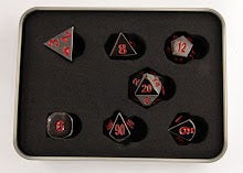 Gunmetal Set of 7 Metal Polyhedral Dice with Red Numbers for D20 based RPG's
