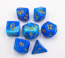 Light Blue/Dark Blue Set of 7 Fusion Polyhedral Dice with Gold Numbers for D20 based RPG's