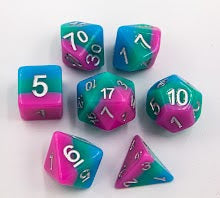 Light Blue/Green/Pink Set of 7 Multi-layer Polyhedral Dice with Silver Numbers for D20 based RPG's