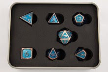 Light Blue Shadow Set of 7 Metal Polyhedral Dice with Copper Numbers for D20 based RPG's