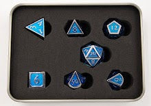 Light Blue Shadow Set of 7 Metal Polyhedral Dice with Silver Numbers for D20 based RPG's