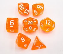 Orange Set of 7 Transparent Polyhedral Dice with White Numbers for D20 based RPG's