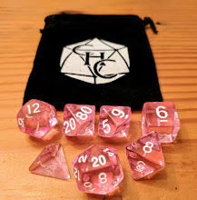Pink Set of 7 Transparent Polyhedral Dice with White Numbers for D20 based RPG's