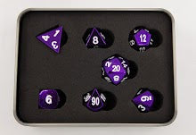 Purple Set of 7 Metal Polyhedral Dice with White Numbers for D20 based RPG's