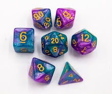 Purple/Teal Set of 7 Sparkly Fusion Polyhedral Dice with Gold Numbers for D20 based RPG's