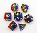 Rainbow Set of 7 Aurora Polyhedral Dice with Silver Numbers for D20 based RPG's