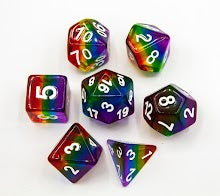 Rainbow Set of 7 Aurora Polyhedral Dice with Silver Numbers for D20 based RPG's