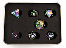Rainbow Set of 7 Metal Polyhedral Dice with White Numbers for D20 based RPG's
