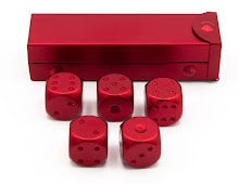 Red set of 5 metal D6 pipped and in a metal container
