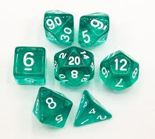 Teal Set of 7 Transparent Polyhedral Dice with White Numbers for D20 based RPG's