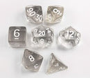 White Set of 7 Transparent Polyhedral Dice with White Numbers for D20 based RPG's