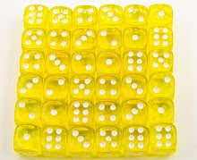 Yellow Set of 36 D6's Transparent Dice with White Numbers for D20 based RPG's