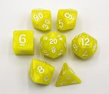 Yellow Set of 7 Marbled Polyhedral Dice with White Numbers for D20 based RPG's