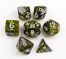 Yellow/Steel Set of 7 Steel Polyhedral Dice with White Numbers for D20 based RPG's