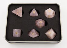 Rose Quartz Set of 7 Gemstone Polyhedral Dice with Gold Numbers for D20 based RPG's